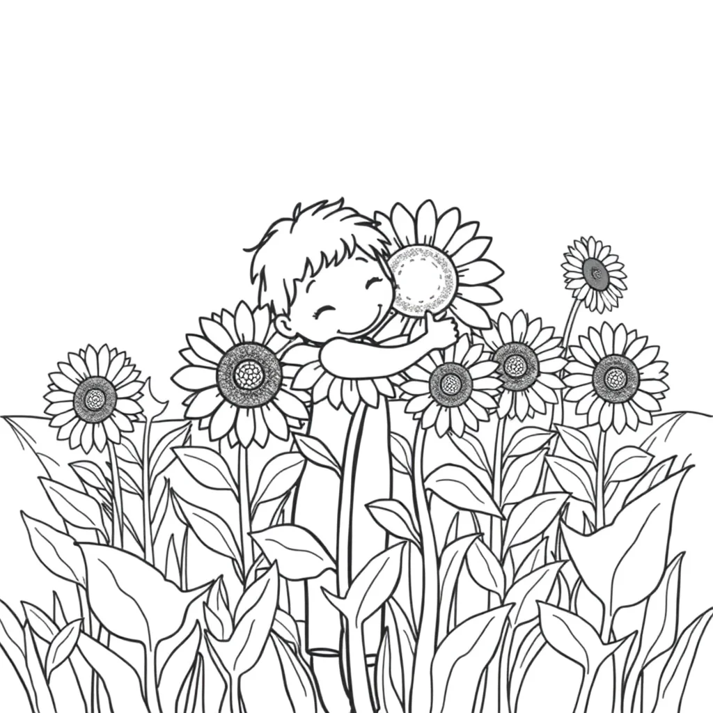 Sunflowers a field of sunflowers hugging a friend — easy sunflowers coloring page (ages 2–5)