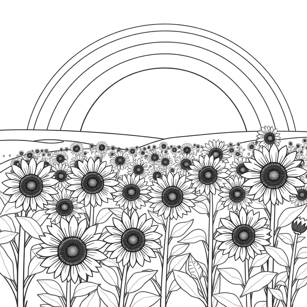 Sunflowers a field of sunflowers under a rainbow — classic sunflowers coloring page (ages 5–10)
