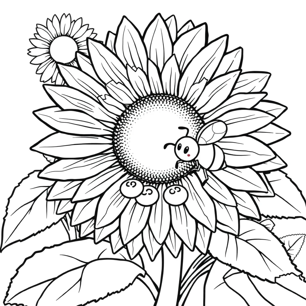 Sunflowers a sunflower with a bee baking cookies — classic sunflowers coloring page (ages 5–10)