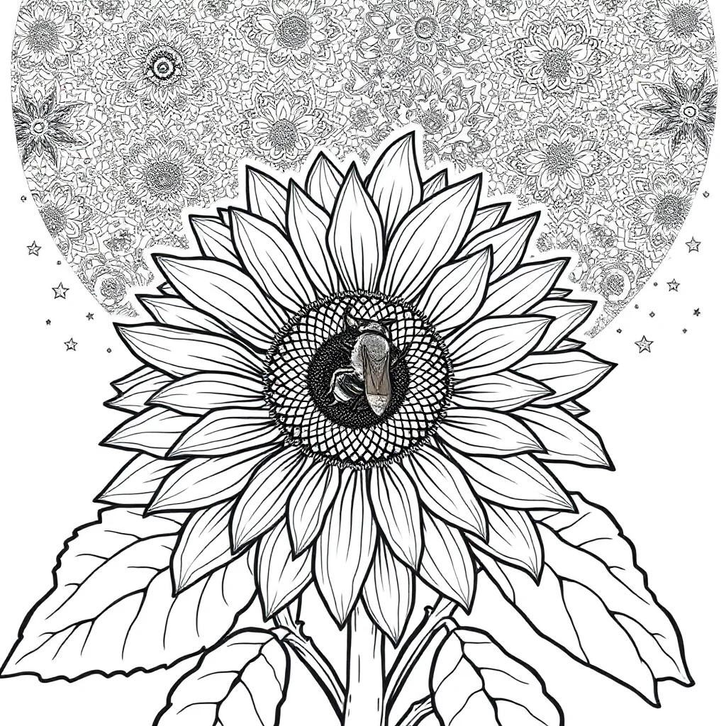 Sunflowers a sunflower with a bee under the night sky with stars — detailed sunflowers coloring page (ages 9+ & adults)