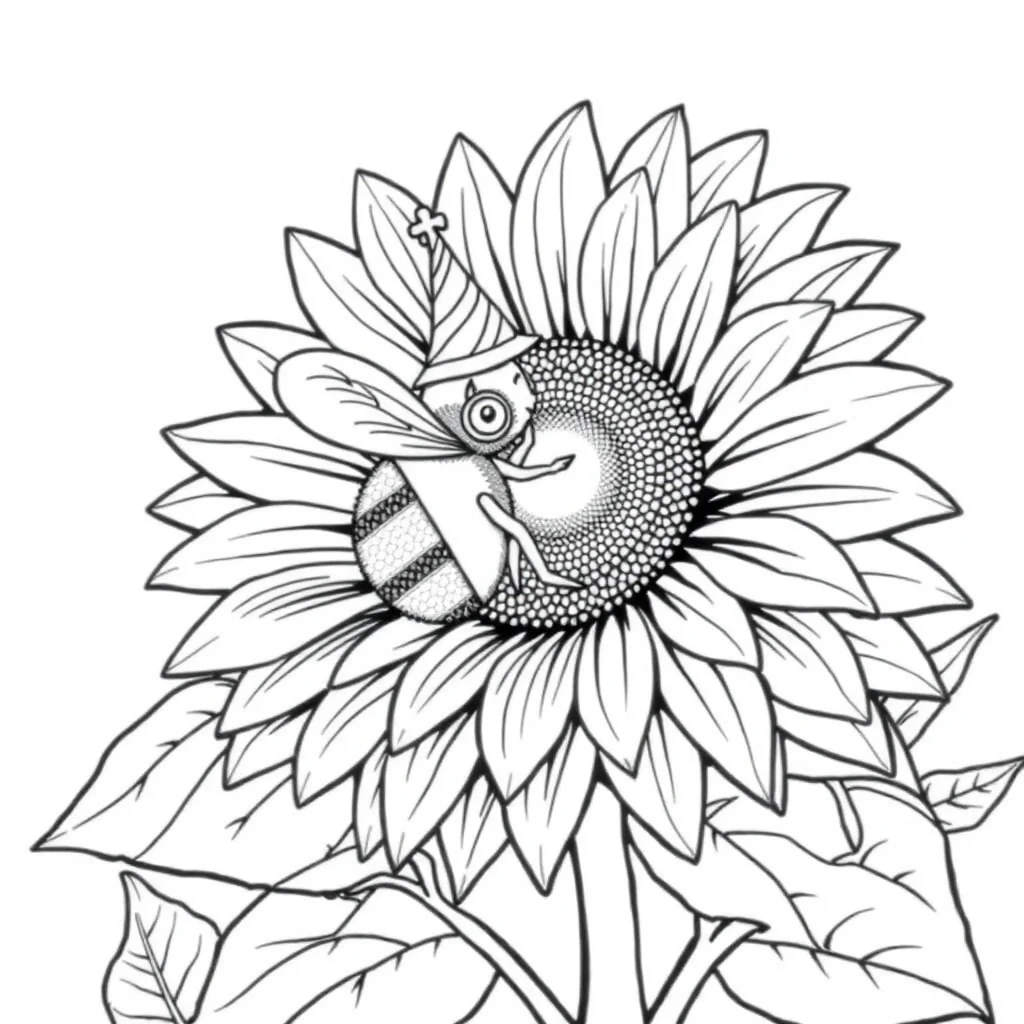 Sunflowers a sunflower with a bee wearing a party hat — classic sunflowers coloring page (ages 5–10)