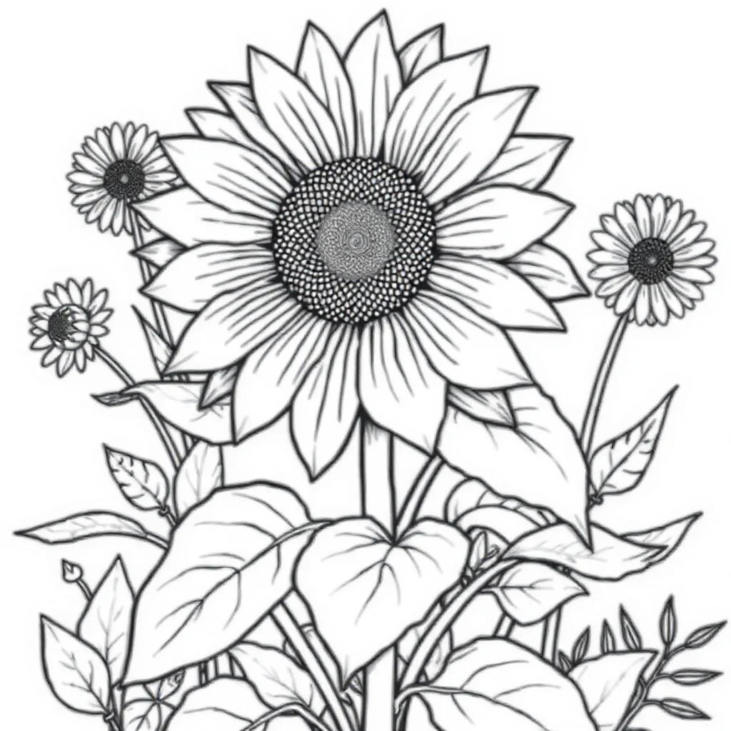 Sunflowers a sunflower with leaves in a flower garden — classic sunflowers coloring page (ages 5–10)