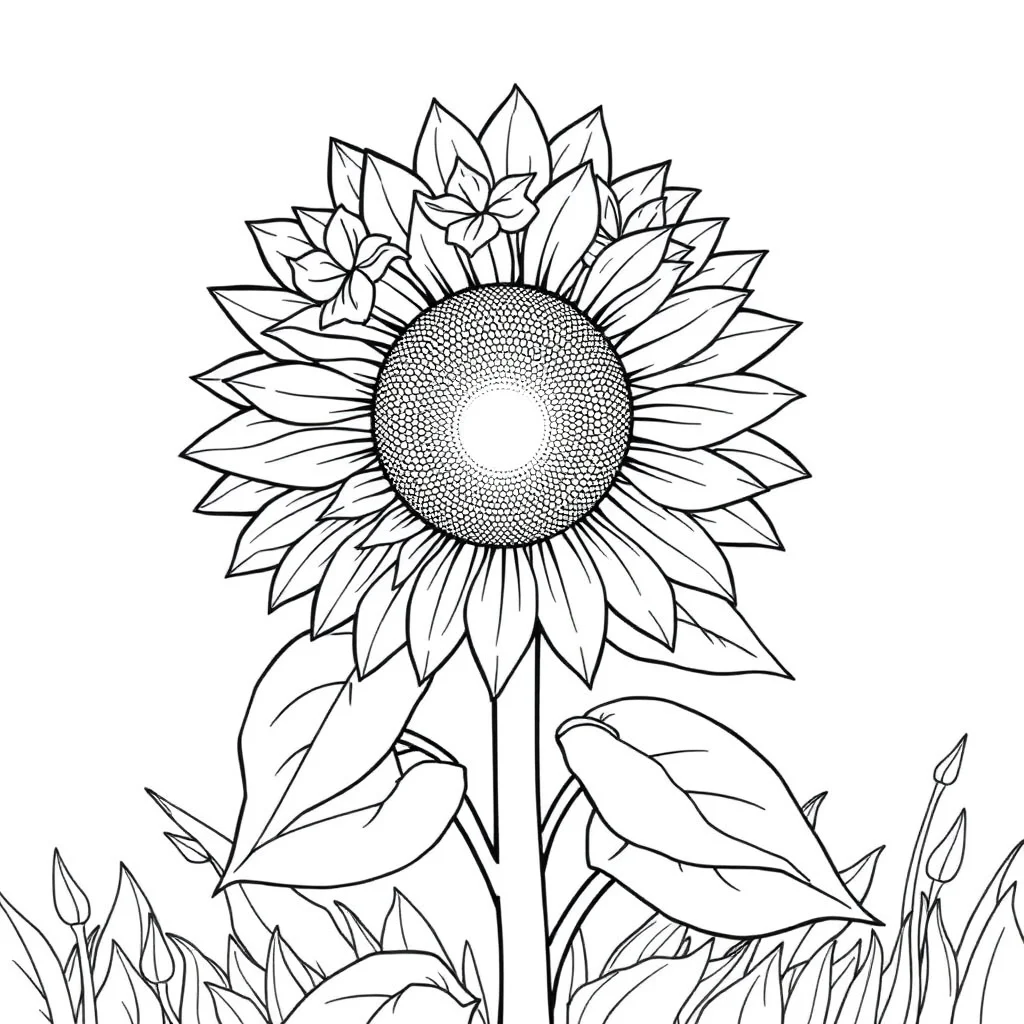 Sunflowers a sunflower with leaves wearing a flower crown — classic sunflowers coloring page (ages 5–10)