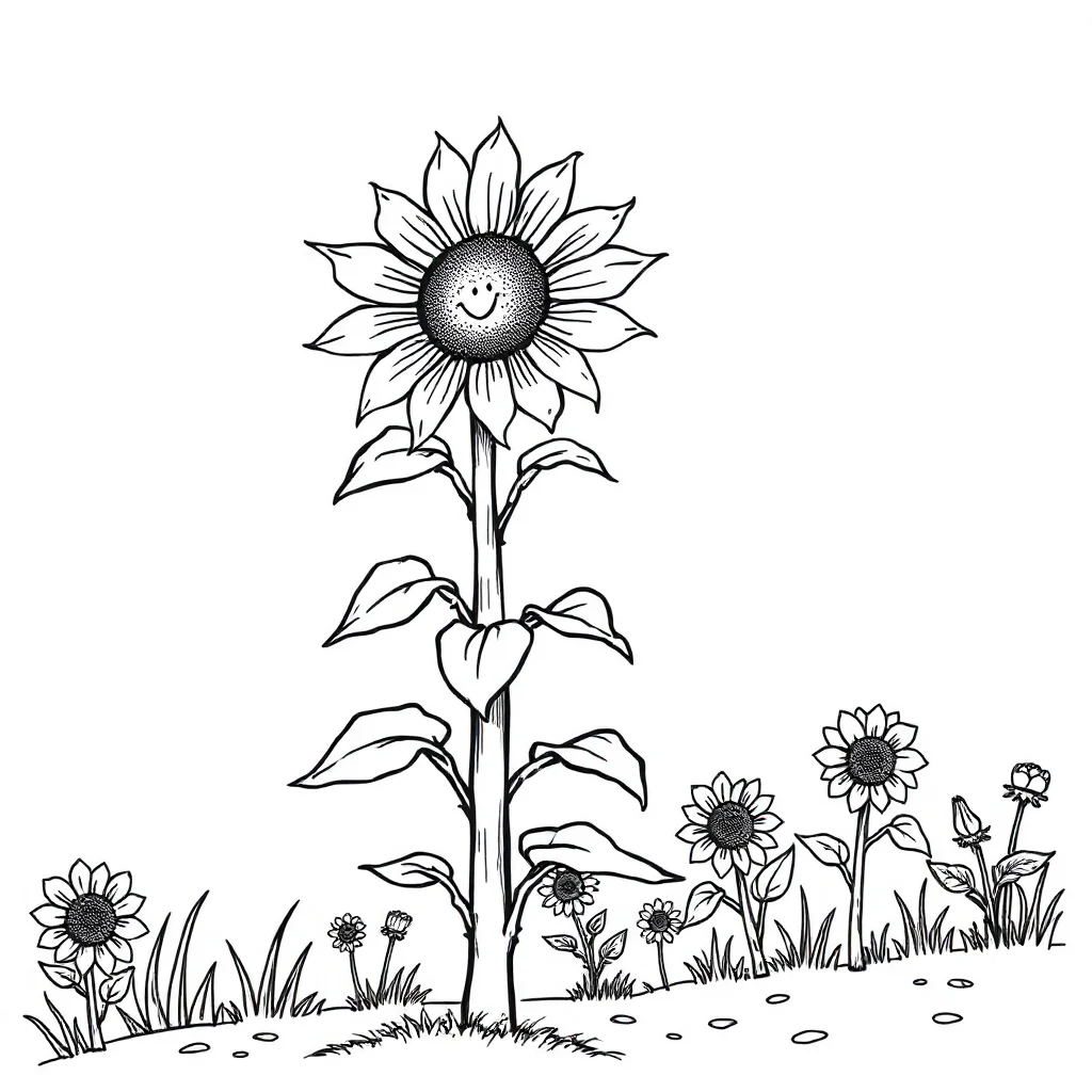 Sunflowers a tall sunflower celebrating a birthday — classic sunflowers coloring page (ages 5–10)
