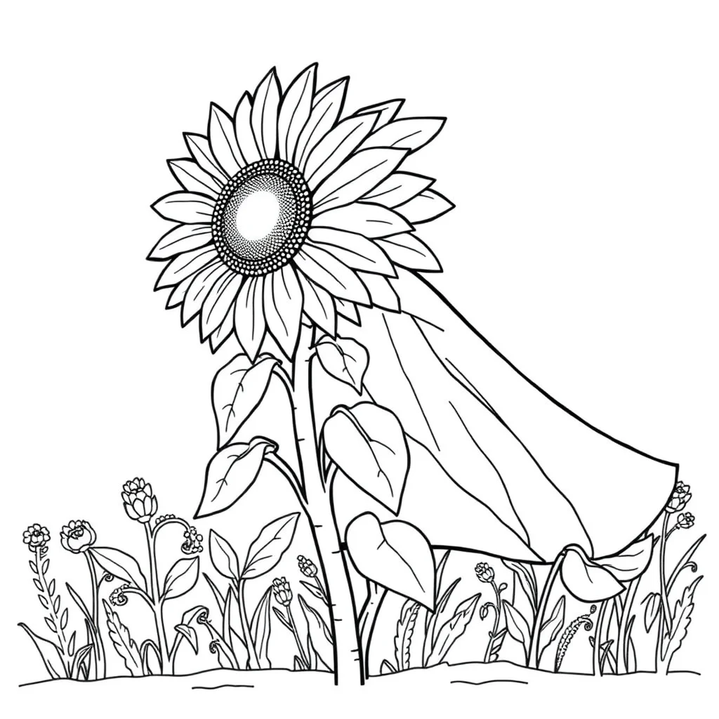Sunflowers a tall sunflower in a superhero cape — classic sunflowers coloring page (ages 5–10)