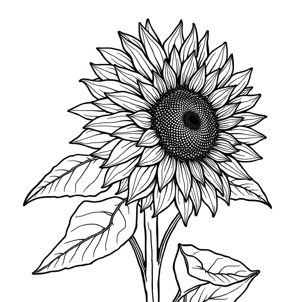 Sunflowers a tall sunflower sitting — detailed sunflowers coloring page (ages 9+ & adults)