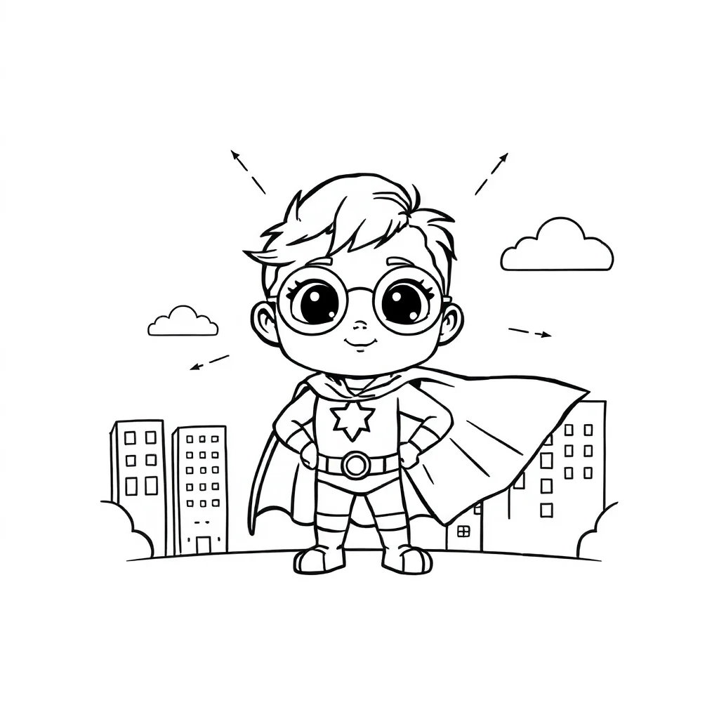 Superheroes a cute superhero with a cape in a superhero cape — classic superheroes coloring page (ages 5–10)