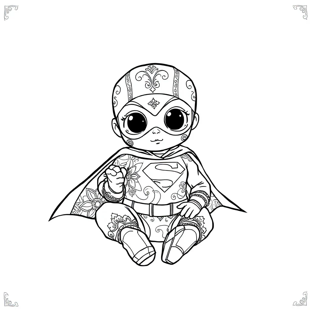 Superheroes a cute superhero with a cape sitting — detailed superheroes coloring page (ages 9+ & adults)