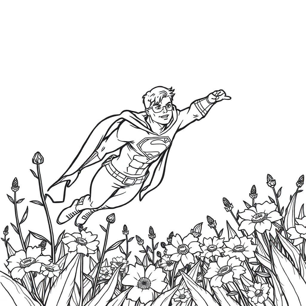 Superheroes a superhero flying in a flower garden — classic superheroes coloring page (ages 5–10)