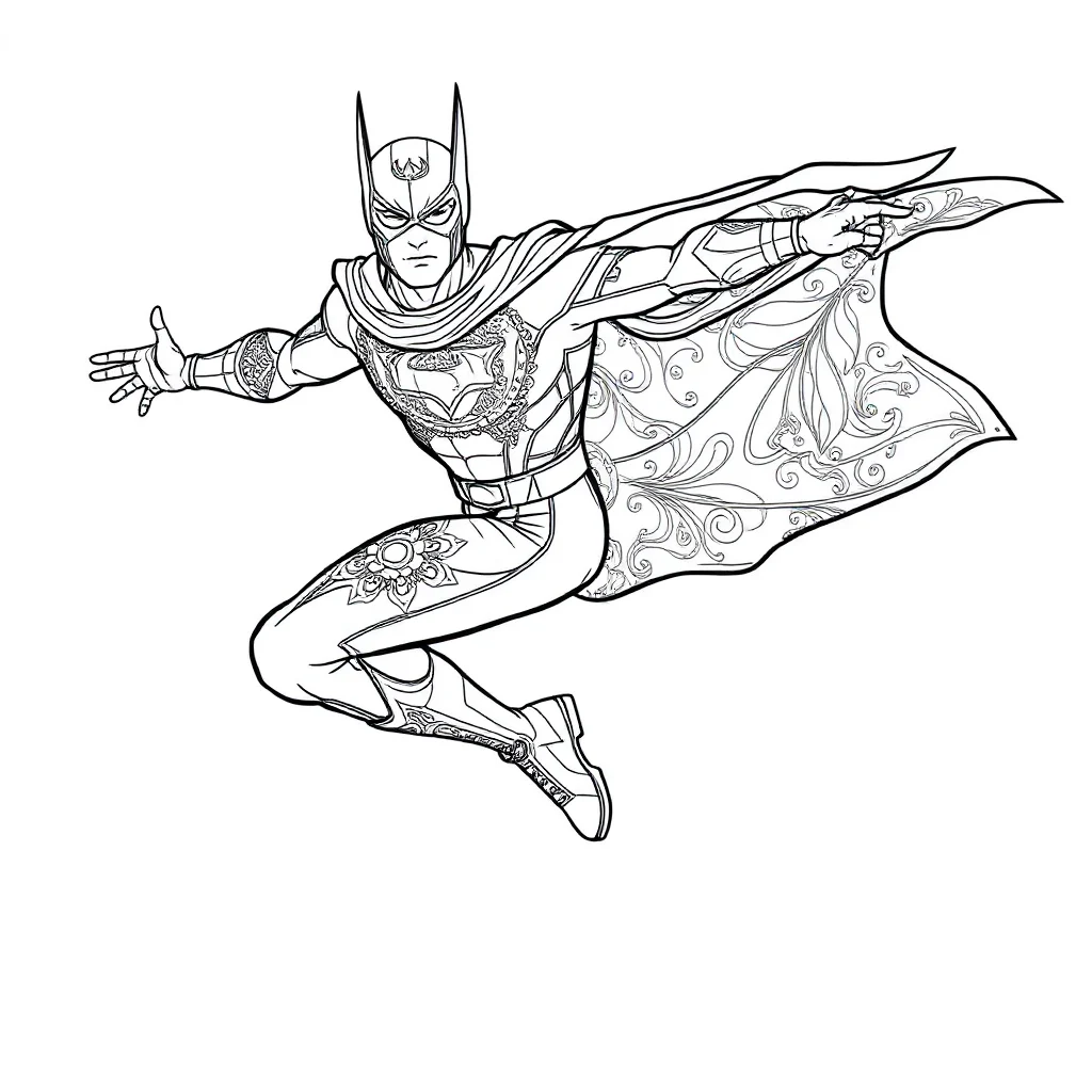 Superheroes a superhero flying leaping mid air — detailed superheroes coloring page (ages 9+ & adults)