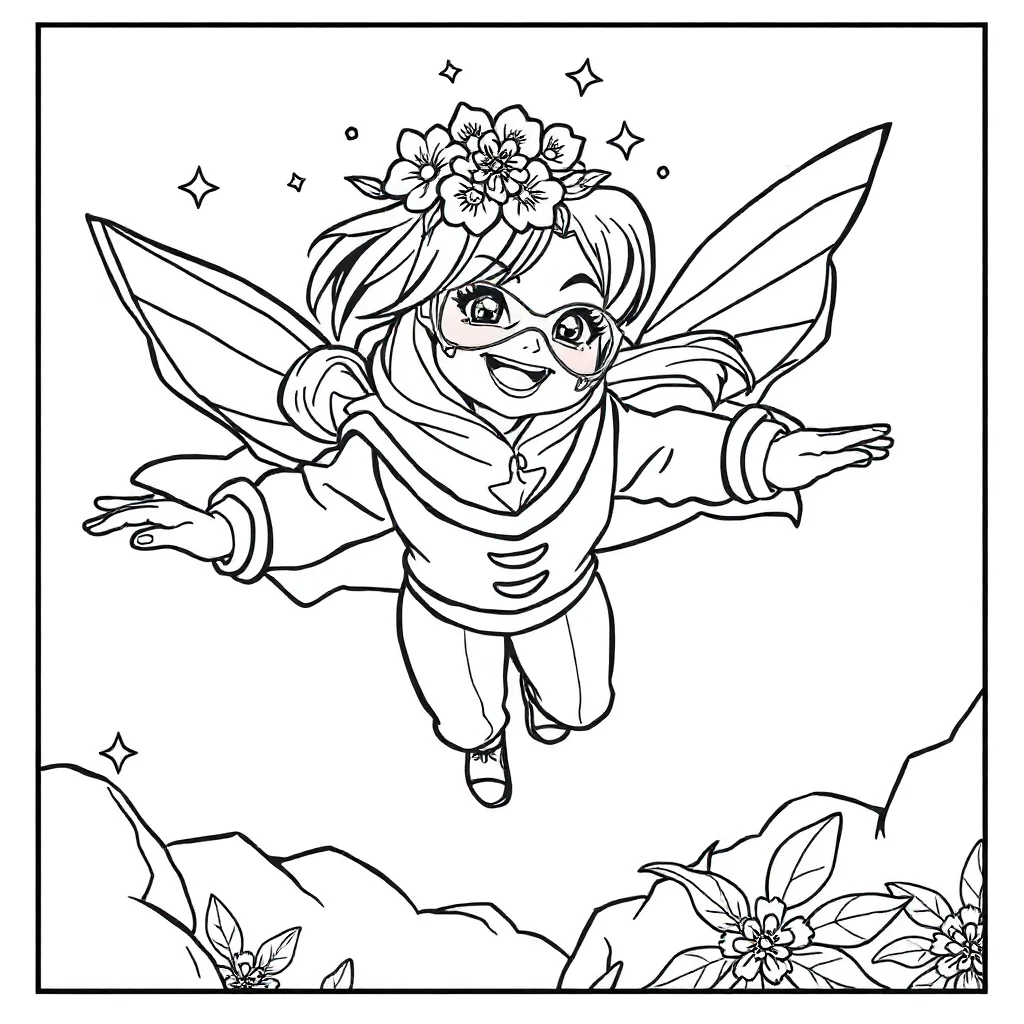 Superheroes a superhero flying wearing a flower crown — classic superheroes coloring page (ages 5–10)