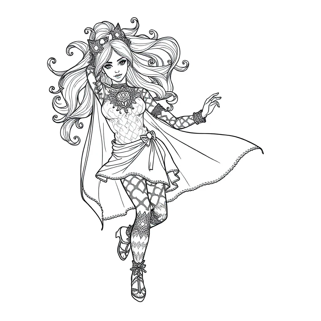 Superheroes a superhero girl dancing — detailed superheroes coloring page (ages 9+ & adults)