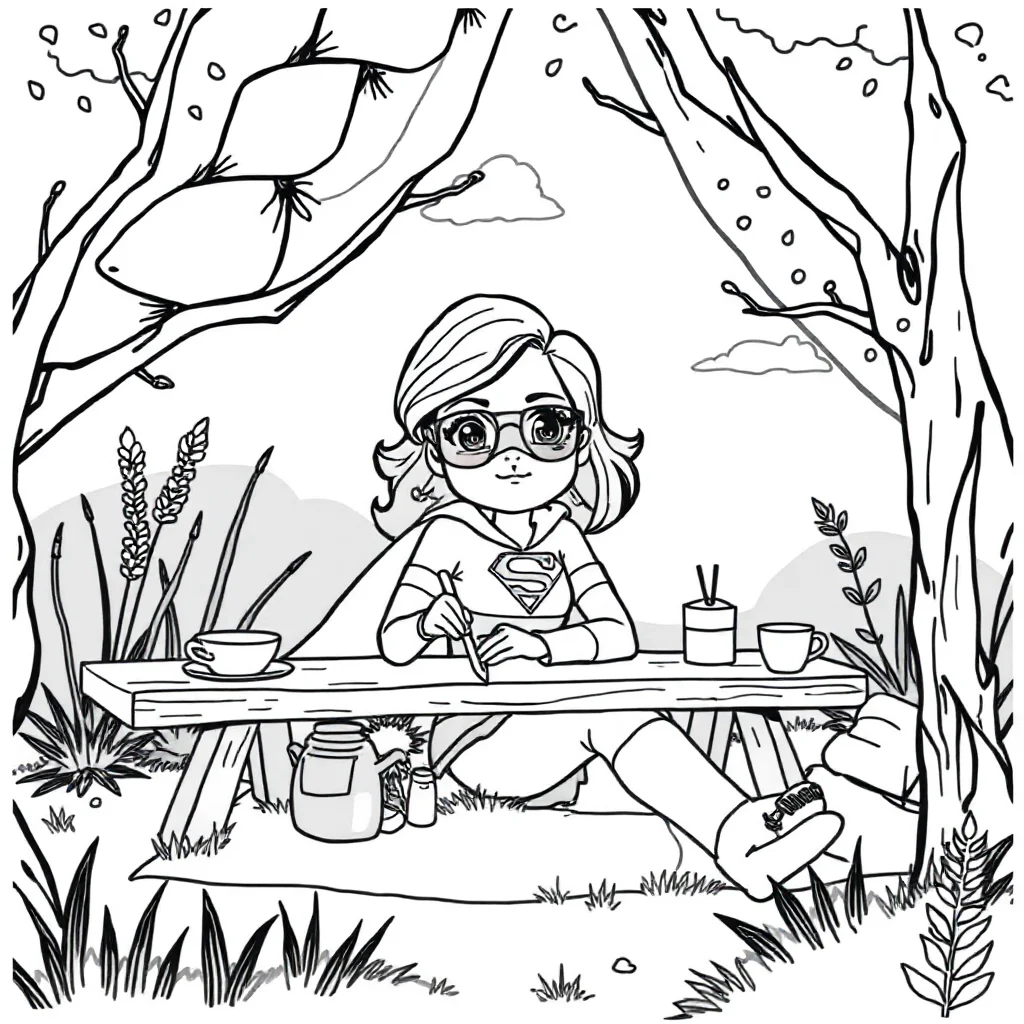 Superheroes a superhero girl having a picnic — classic superheroes coloring page (ages 5–10)