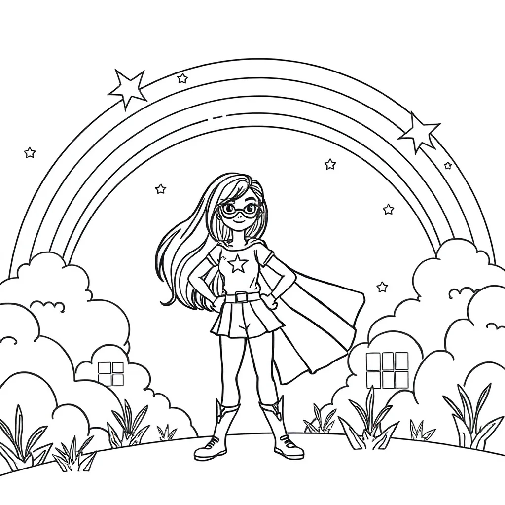 Superheroes a superhero girl under a rainbow — classic superheroes coloring page (ages 5–10)
