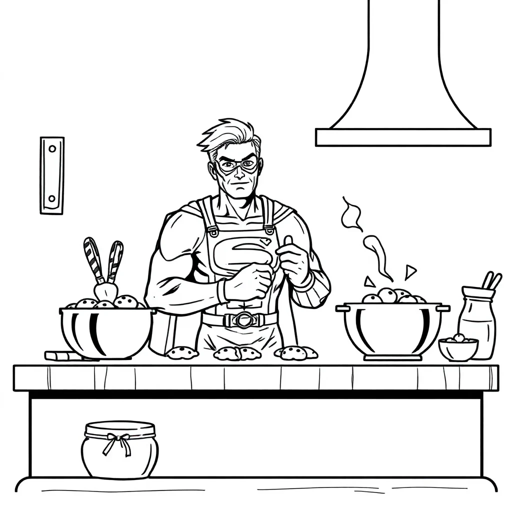 Superheroes a superhero pose baking cookies — classic superheroes coloring page (ages 5–10)