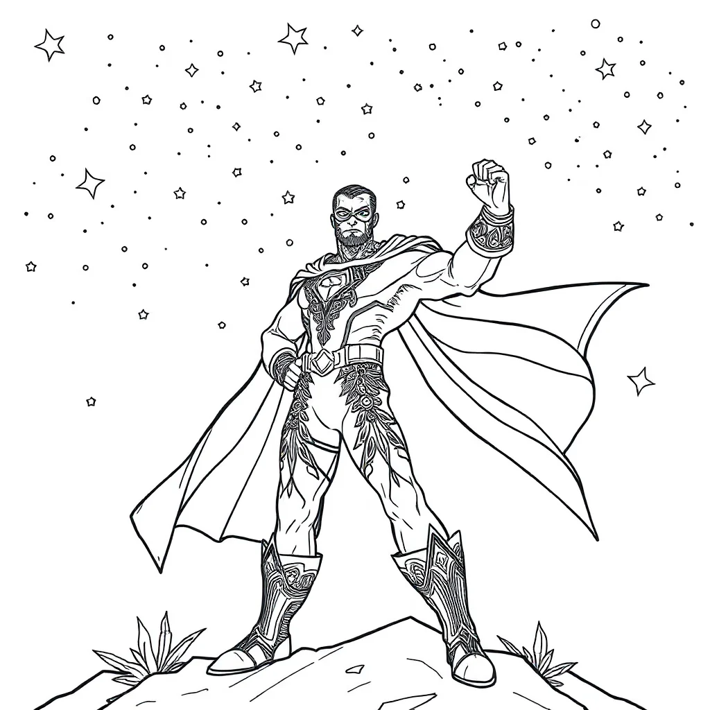 Superheroes a superhero pose under the night sky with stars — detailed superheroes coloring page (ages 9+ & adults)
