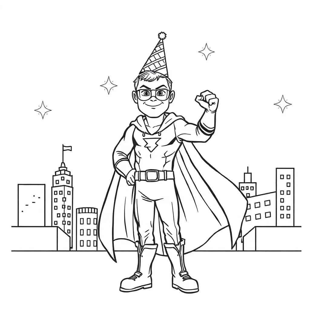 Superheroes a superhero pose wearing a party hat — classic superheroes coloring page (ages 5–10)