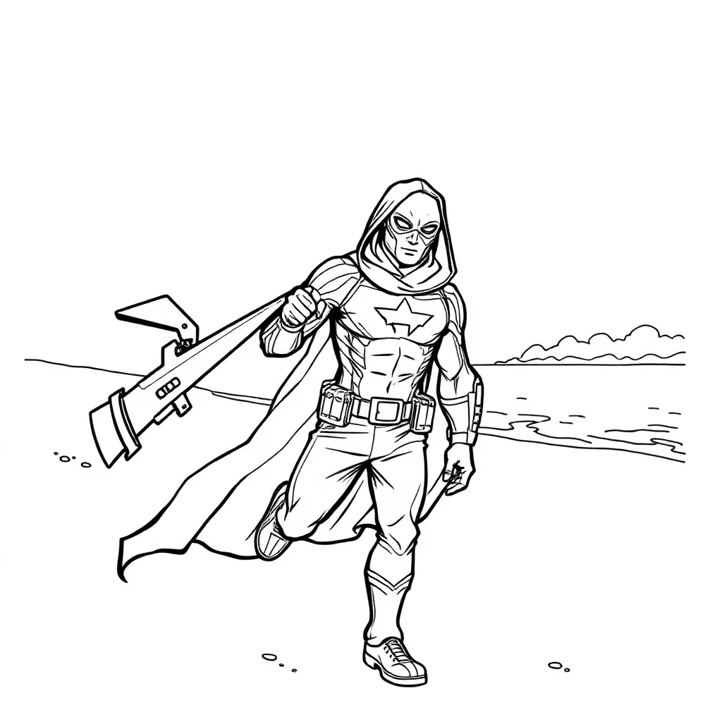 Superheroes a superhero with a mask on the beach — classic superheroes coloring page (ages 5–10)