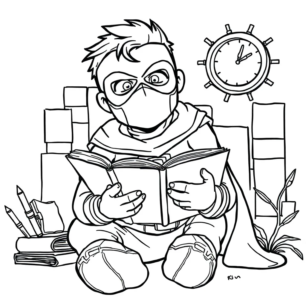 Superheroes a superhero with a mask reading a book — classic superheroes coloring page (ages 5–10)