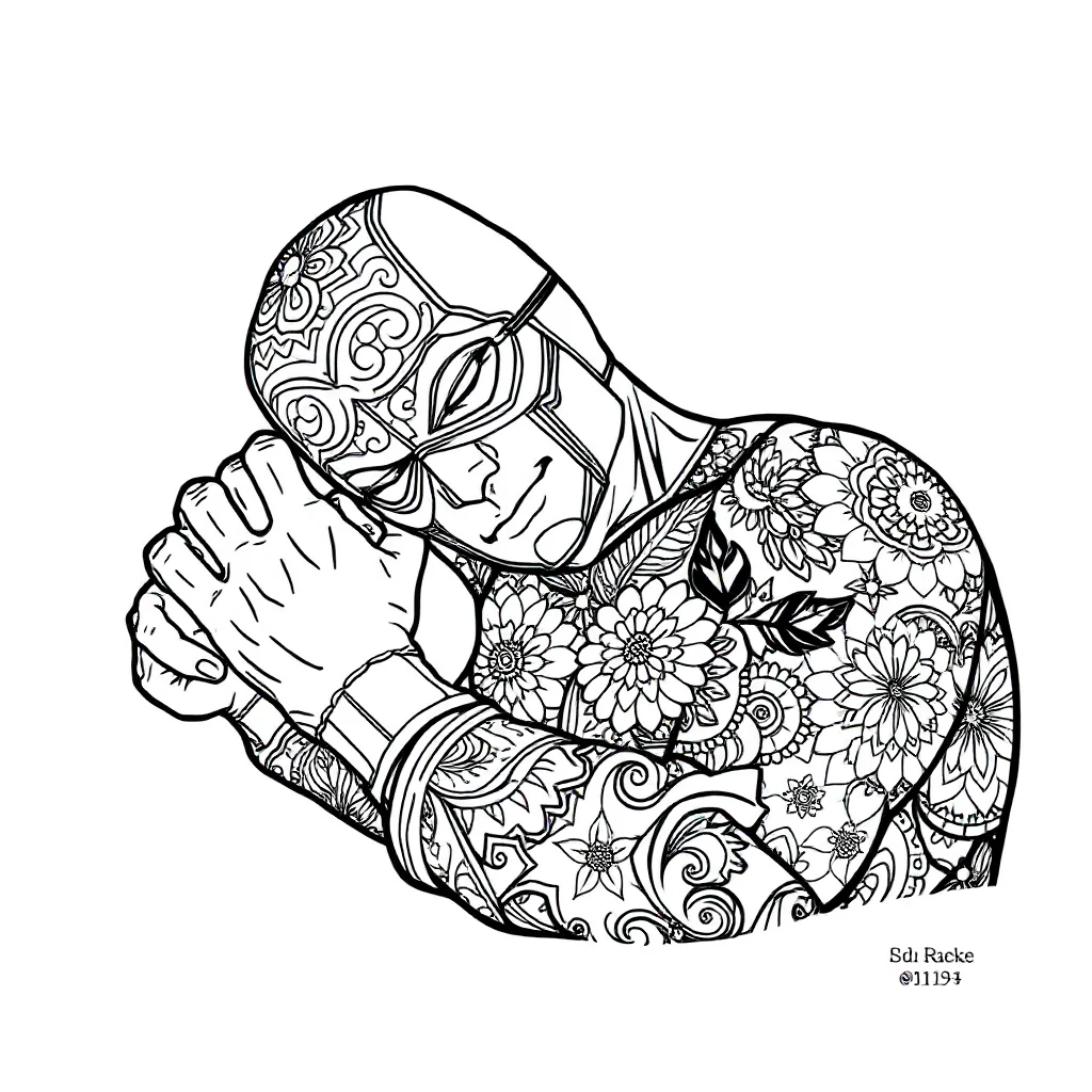 Superheroes a superhero with a mask sleeping curled up — detailed superheroes coloring page (ages 9+ & adults)