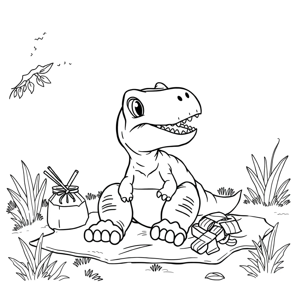 T rex a baby t rex having a picnic — classic t-rex coloring page (ages 5–10)