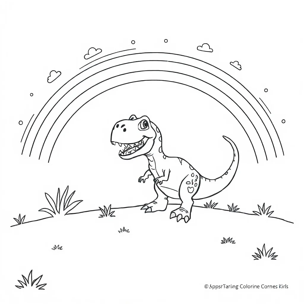 T rex a baby t rex under a rainbow — classic t-rex coloring page (ages 5–10)