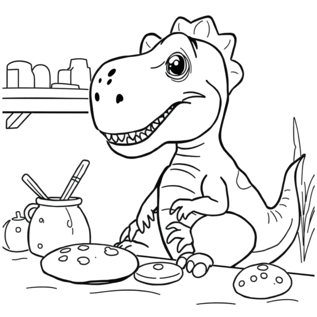 T rex a cute t rex baking cookies — classic t-rex coloring page (ages 5–10)