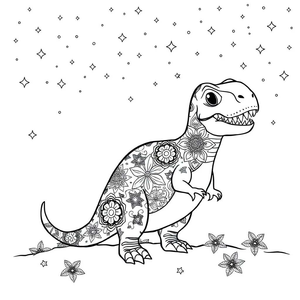 T rex a cute t rex under the night sky with stars — detailed t-rex coloring page (ages 9+ & adults)