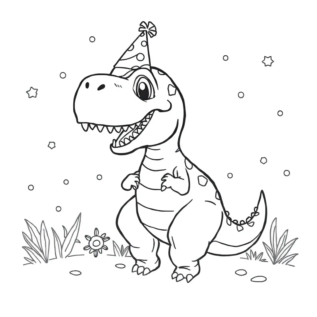 T rex a cute t rex wearing a party hat — classic t-rex coloring page (ages 5–10)