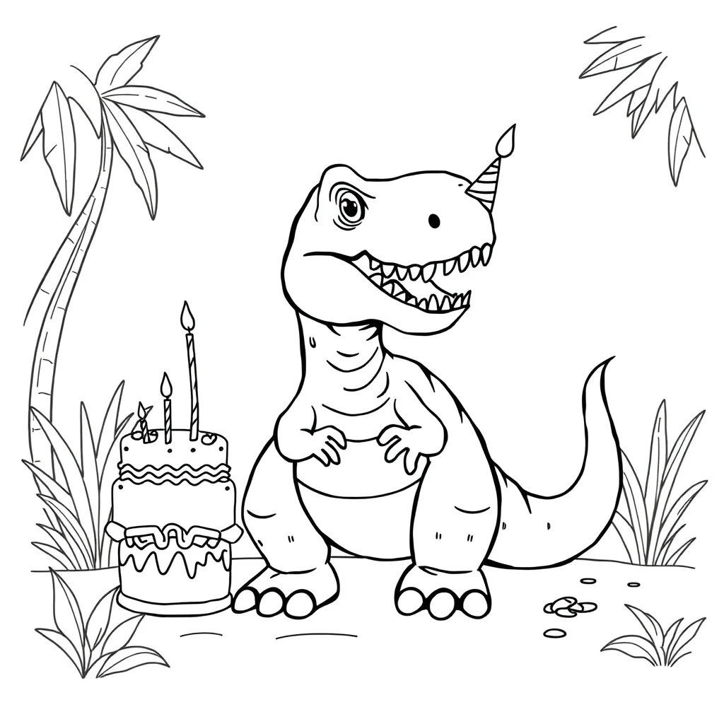 T rex a friendly t rex celebrating a birthday — classic t-rex coloring page (ages 5–10)