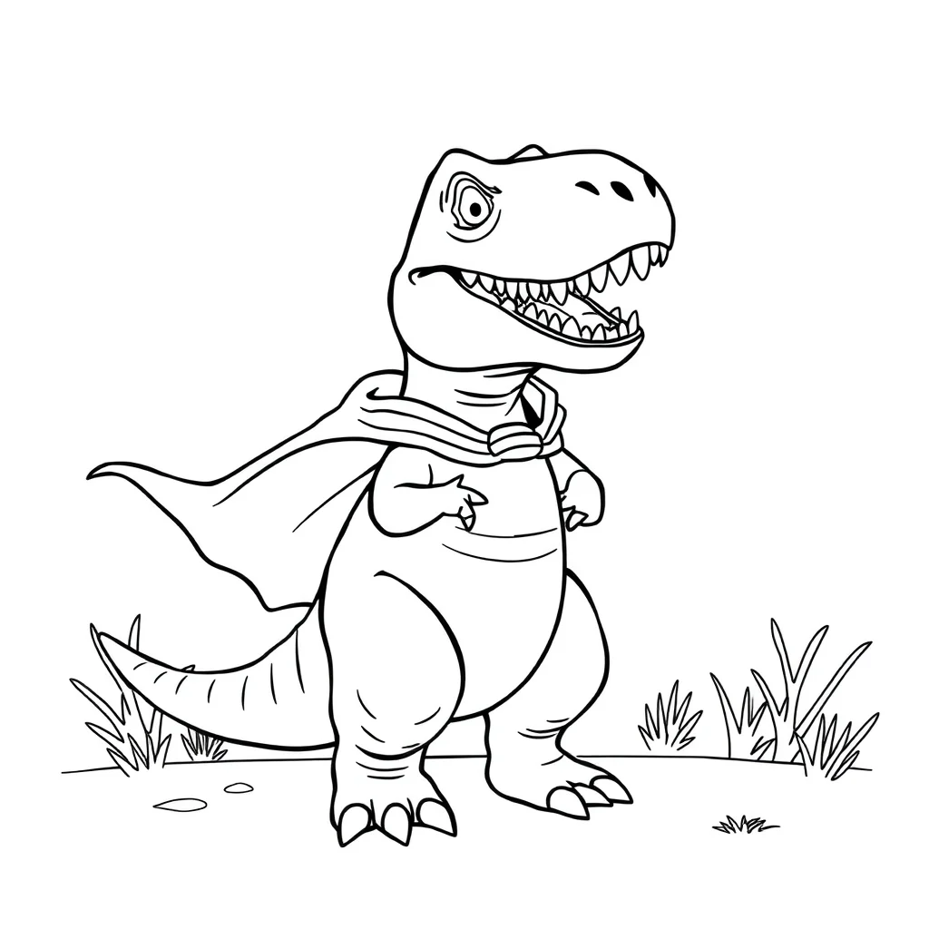 T rex a friendly t rex in a superhero cape — classic t-rex coloring page (ages 5–10)