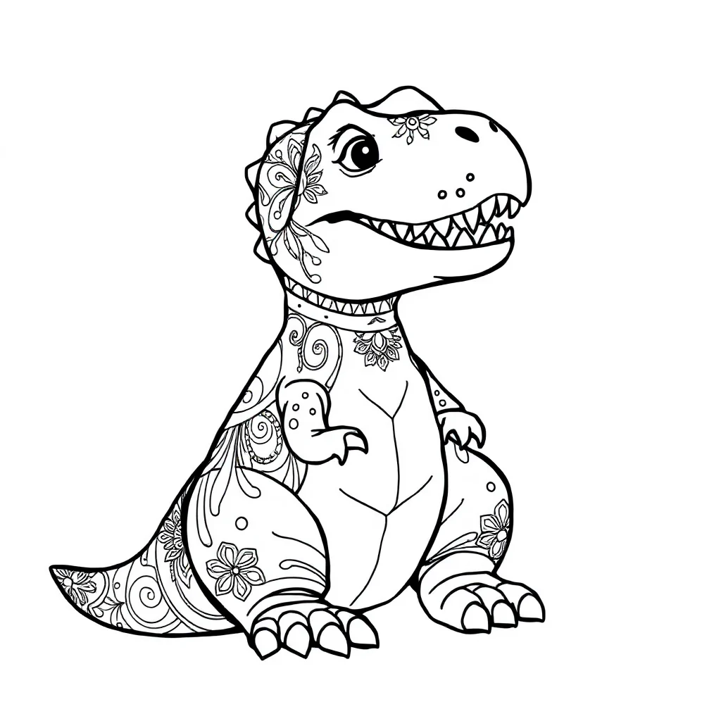 T rex a friendly t rex sitting — detailed t-rex coloring page (ages 9+ & adults)