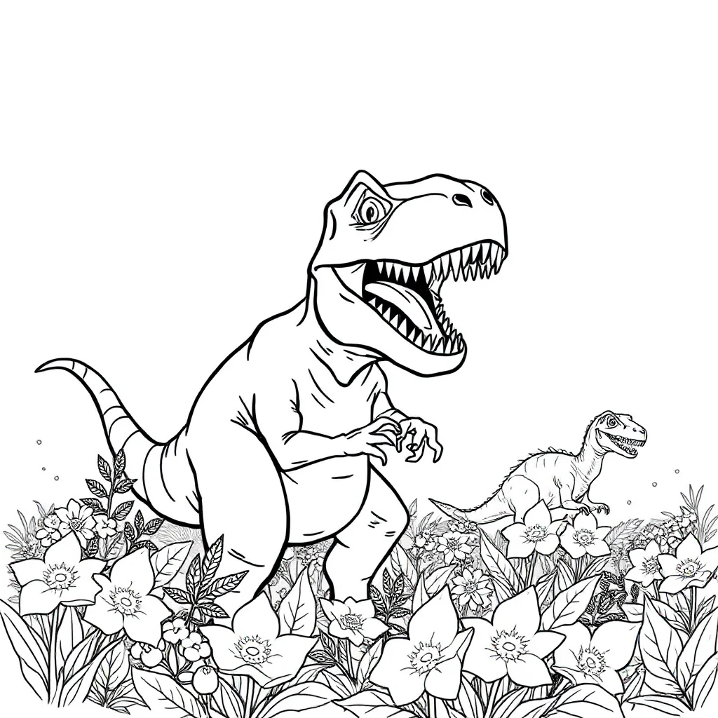 T rex a roaring t rex in a flower garden — classic t-rex coloring page (ages 5–10)