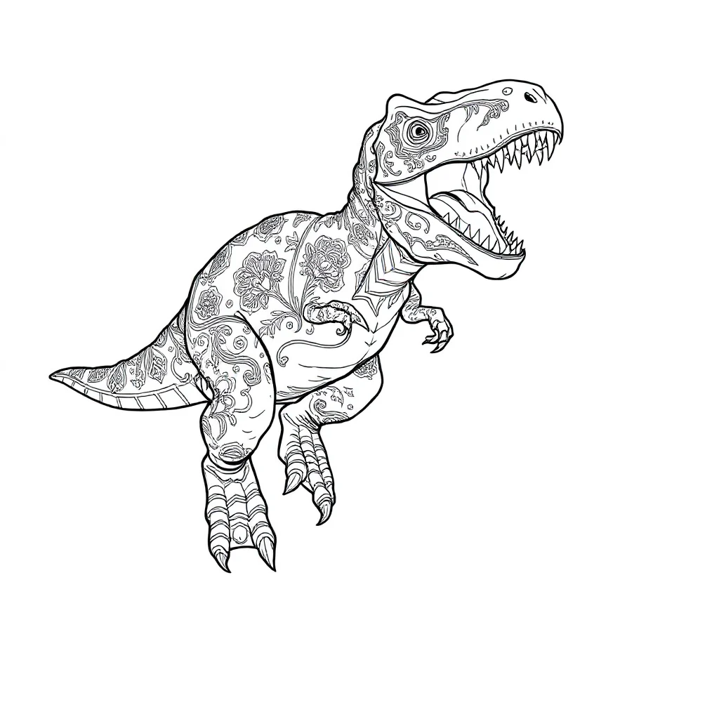 T rex a roaring t rex leaping mid air — detailed t-rex coloring page (ages 9+ & adults)