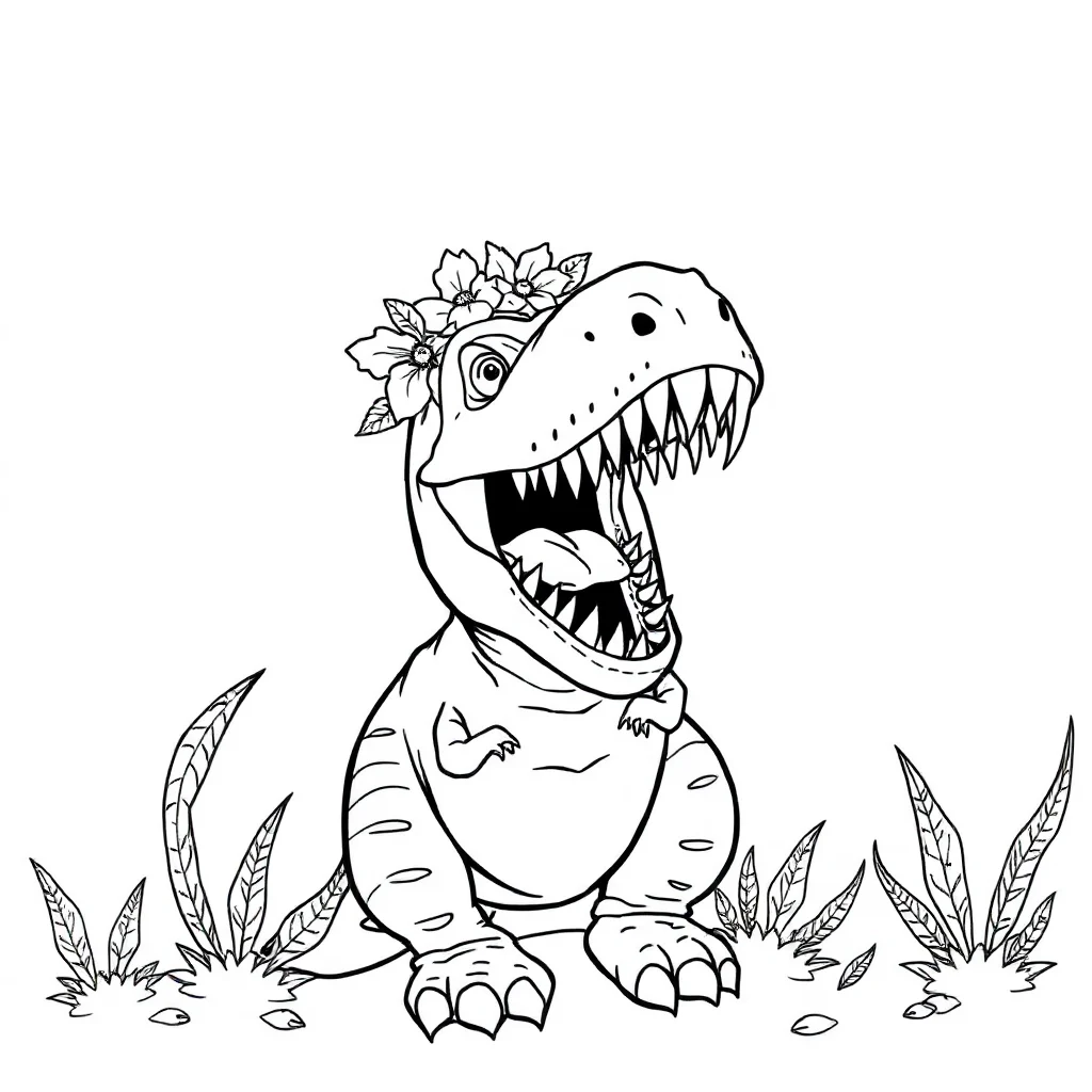 T rex a roaring t rex wearing a flower crown — classic t-rex coloring page (ages 5–10)