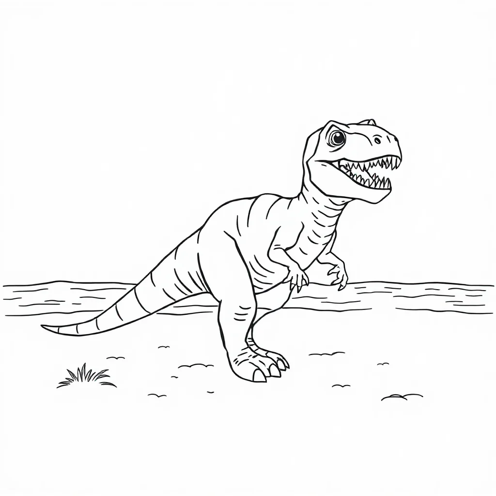 T rex a t rex walking on the beach — classic t-rex coloring page (ages 5–10)