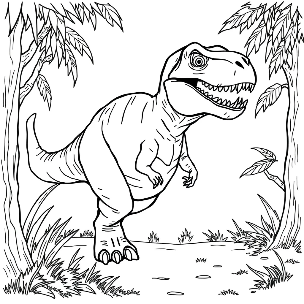 T rex a t rex walking peeking from behind something — classic t-rex coloring page (ages 5–10)