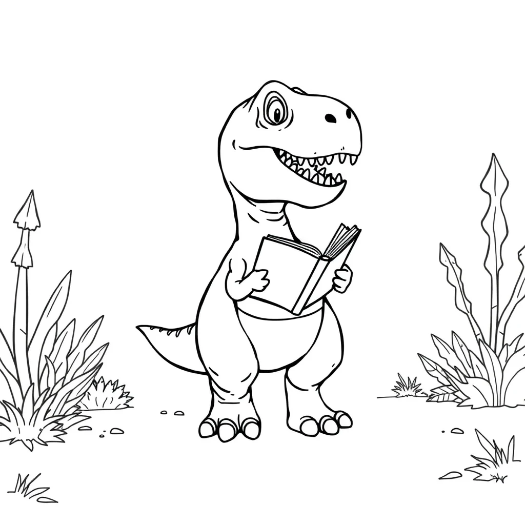 T rex a t rex walking reading a book — classic t-rex coloring page (ages 5–10)