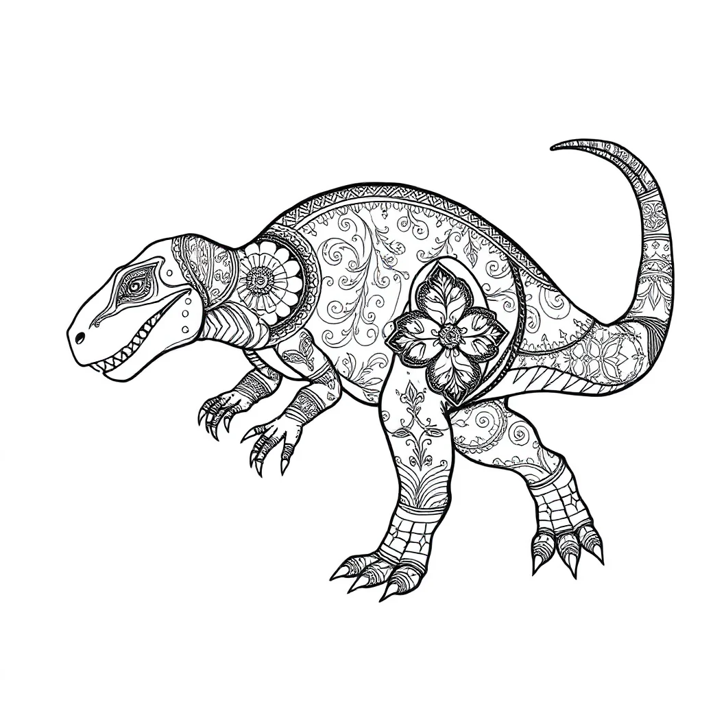 T rex a t rex walking sleeping curled up — detailed t-rex coloring page (ages 9+ & adults)