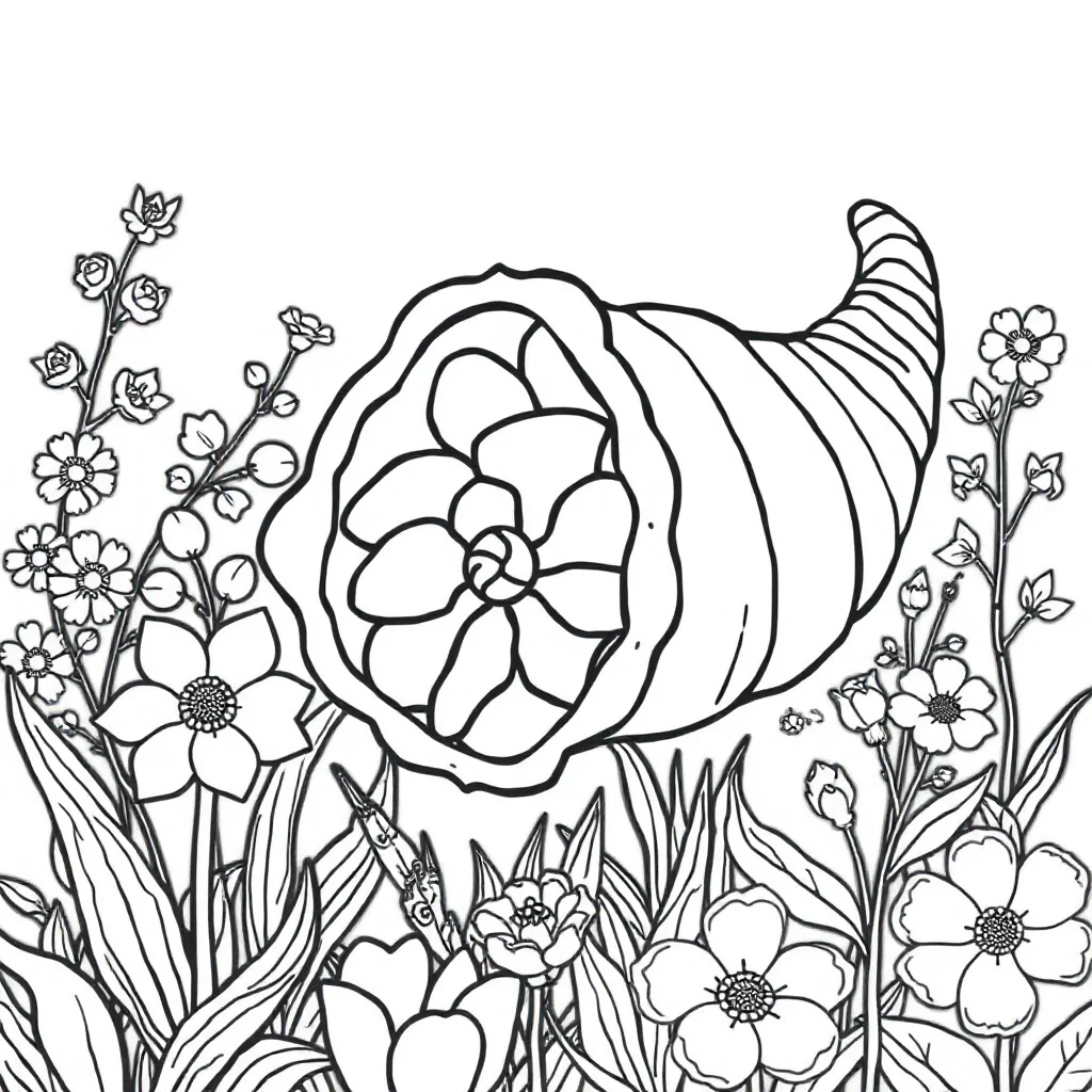 Thanksgiving a cornucopia in a flower garden — classic thanksgiving coloring page (ages 5–10)