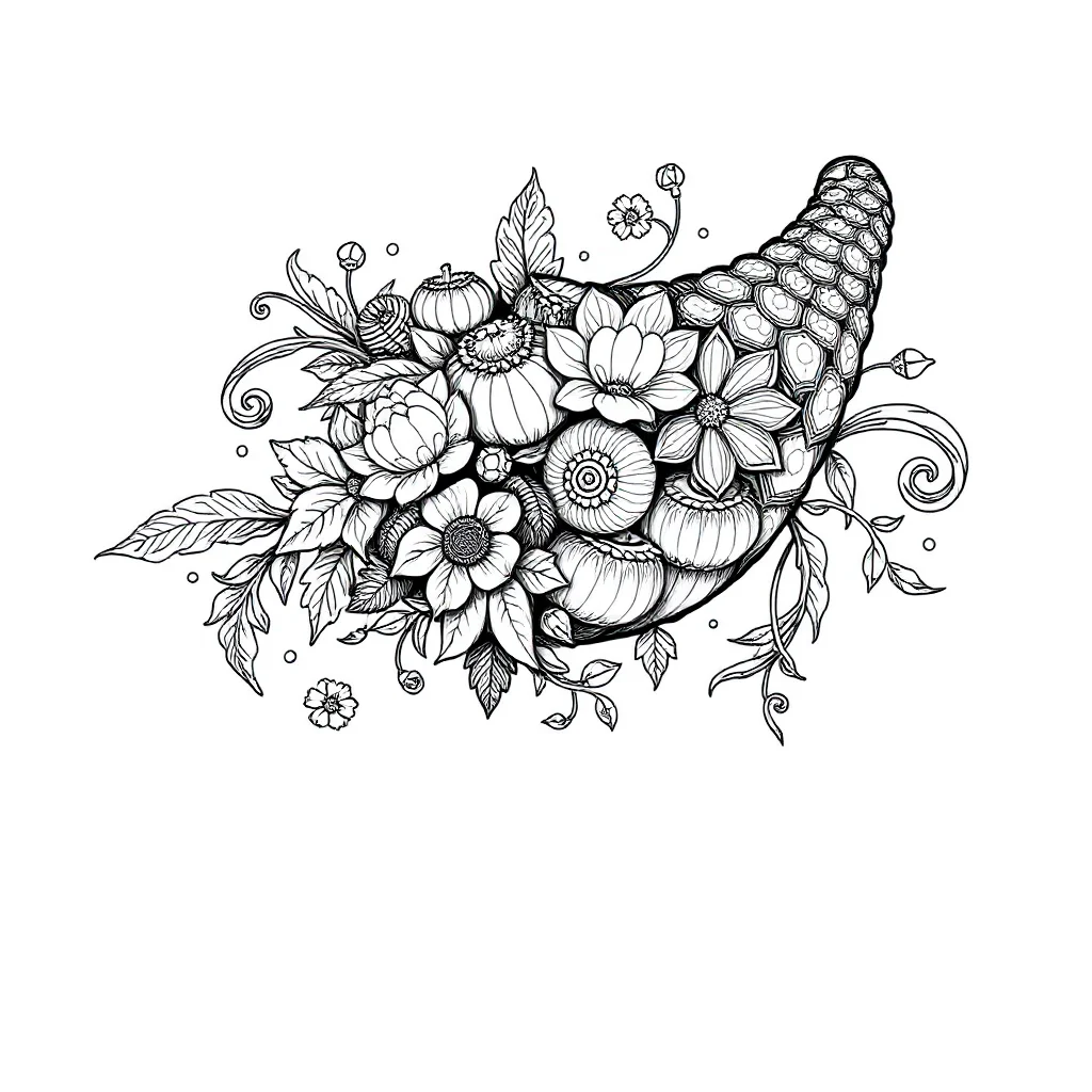Thanksgiving a cornucopia leaping mid air — detailed thanksgiving coloring page (ages 9+ & adults)