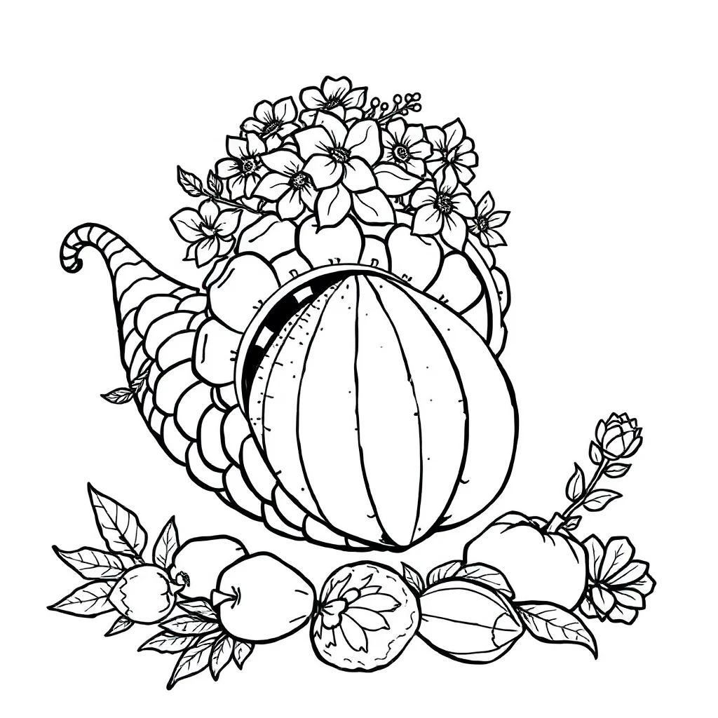 Thanksgiving a cornucopia wearing a flower crown — classic thanksgiving coloring page (ages 5–10)