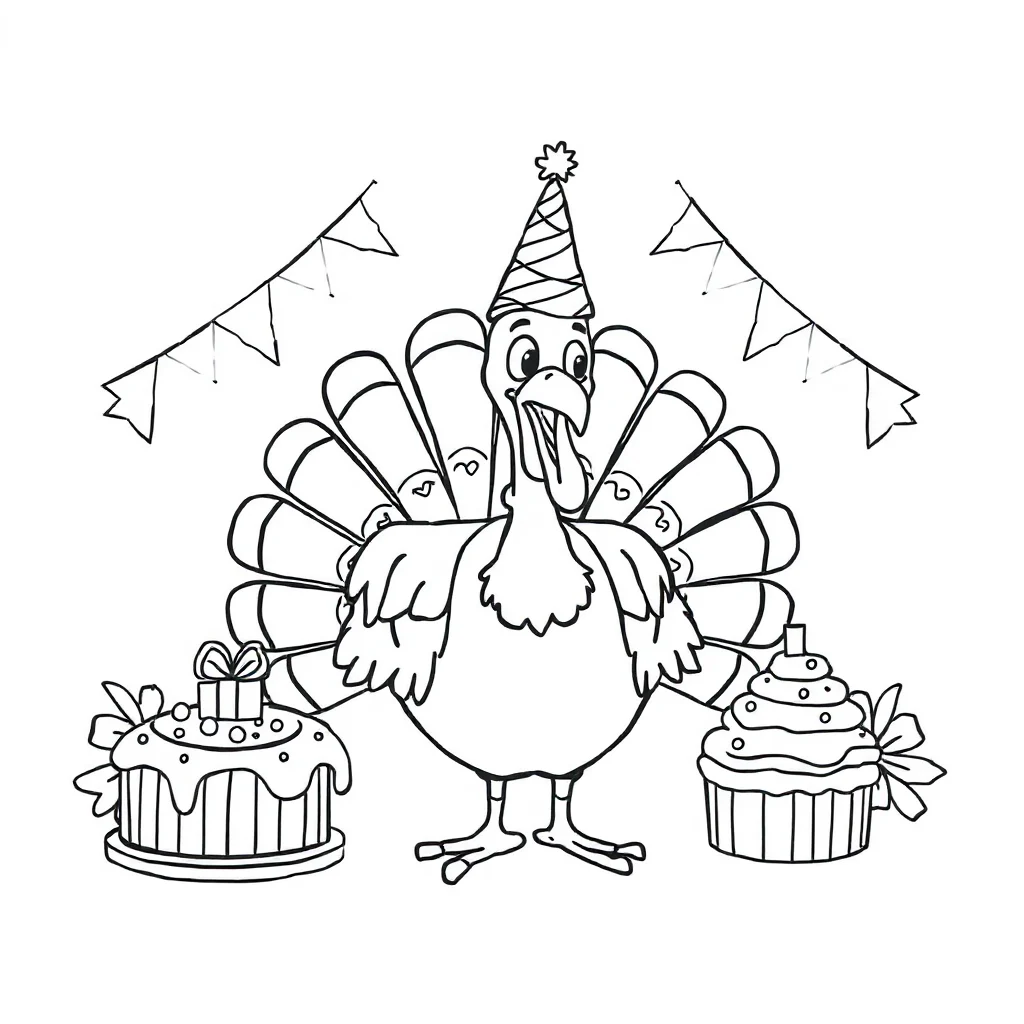 Thanksgiving a cute turkey celebrating a birthday — classic thanksgiving coloring page (ages 5–10)