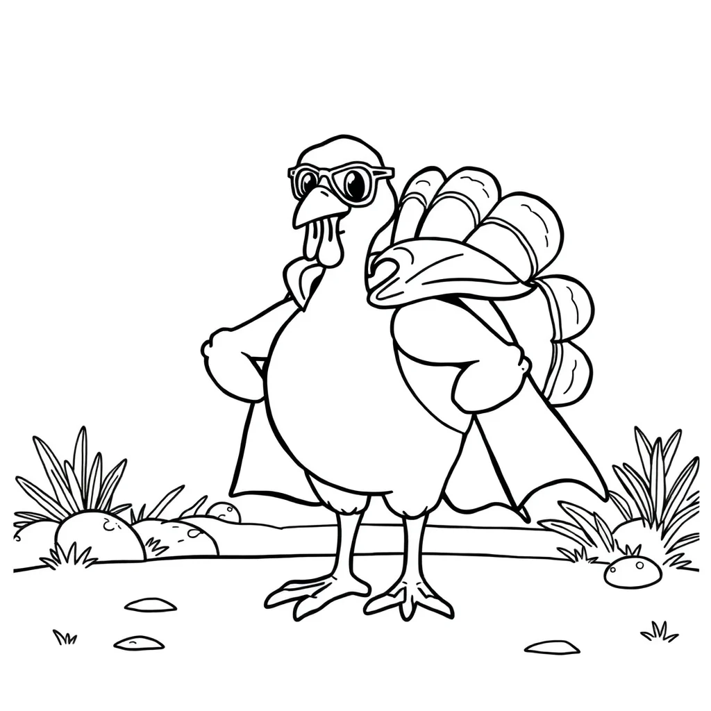 Thanksgiving a cute turkey in a superhero cape — classic thanksgiving coloring page (ages 5–10)