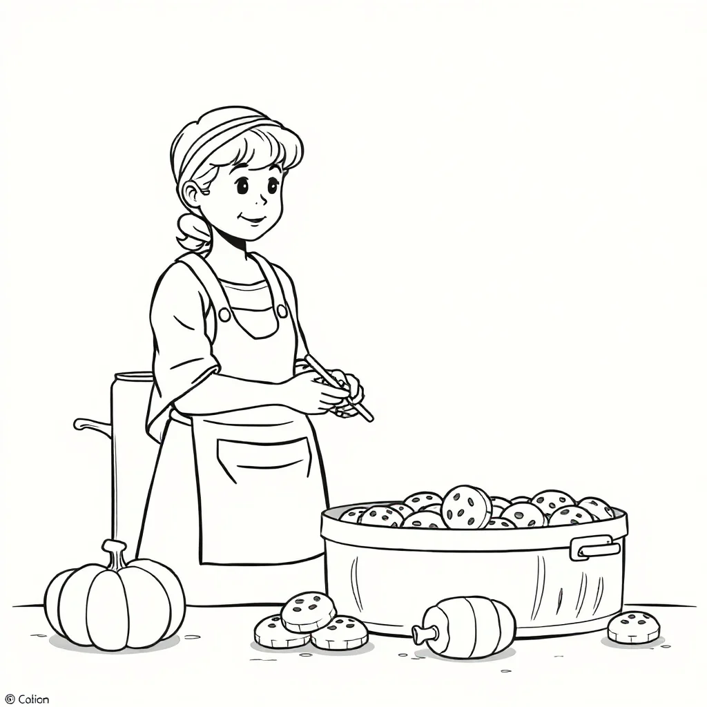Thanksgiving a harvest scene baking cookies — classic thanksgiving coloring page (ages 5–10)
