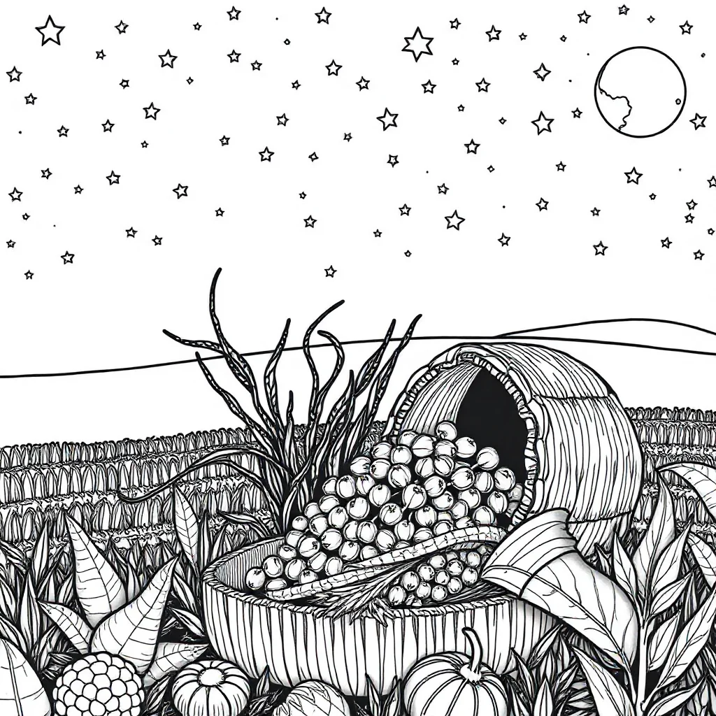 Thanksgiving a harvest scene under the night sky with stars — detailed thanksgiving coloring page (ages 9+ & adults)
