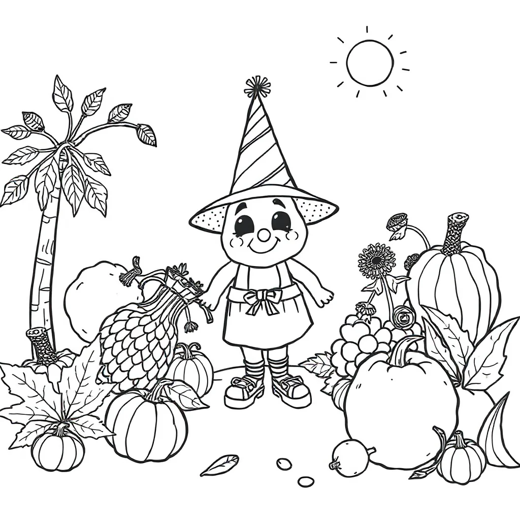 Thanksgiving a harvest scene wearing a party hat — classic thanksgiving coloring page (ages 5–10)