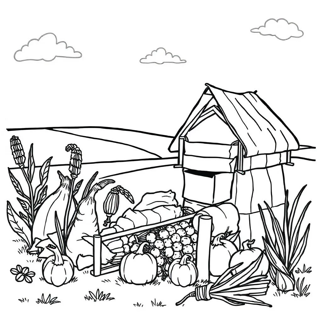 Thanksgiving a harvest scene — easy thanksgiving coloring page (ages 2–5)