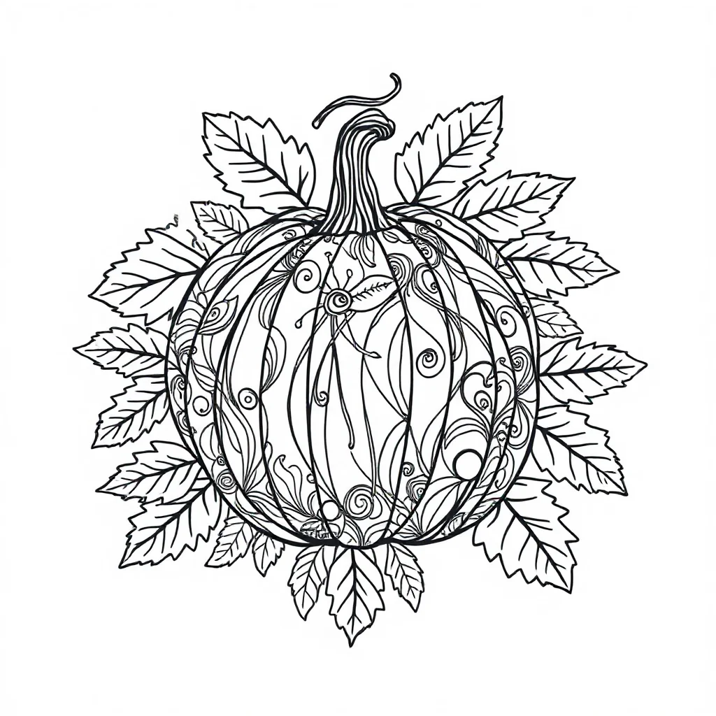 Thanksgiving a pumpkin and leaves dancing — detailed thanksgiving coloring page (ages 9+ & adults)