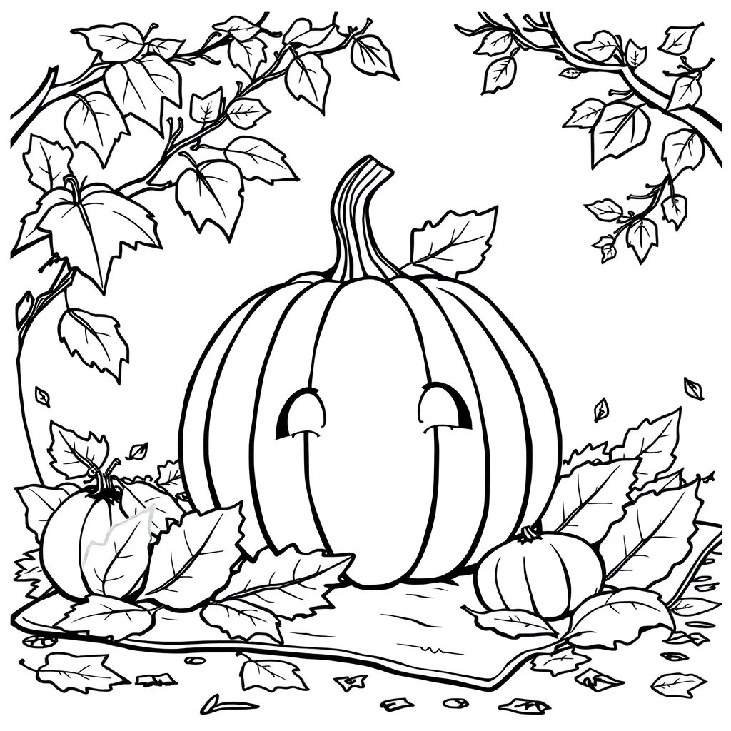 Thanksgiving a pumpkin and leaves having a picnic — classic thanksgiving coloring page (ages 5–10)